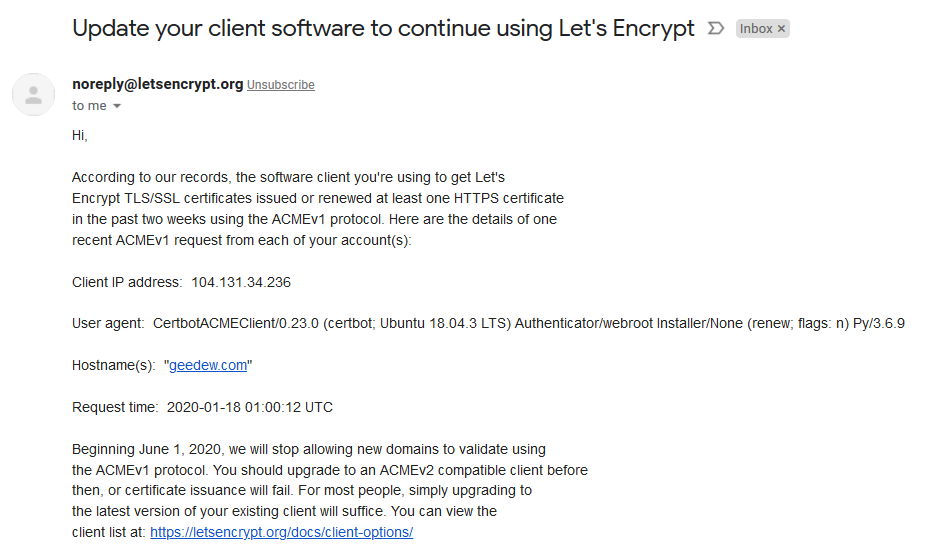 An email from LetsEncrypt showing that a current certbot in use is using the out of date ACMEv1 protocol and needs to be updated.